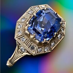 STUNNING ART DECO RETRO STYLE SAPPHIRE ENGAGEMENT RING 18KT RG SZ 6,7,9